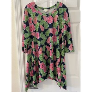 Simply Southern Tropical Hibiscus Floral 3/4 Sleeve Tunic Top Size Women's Small